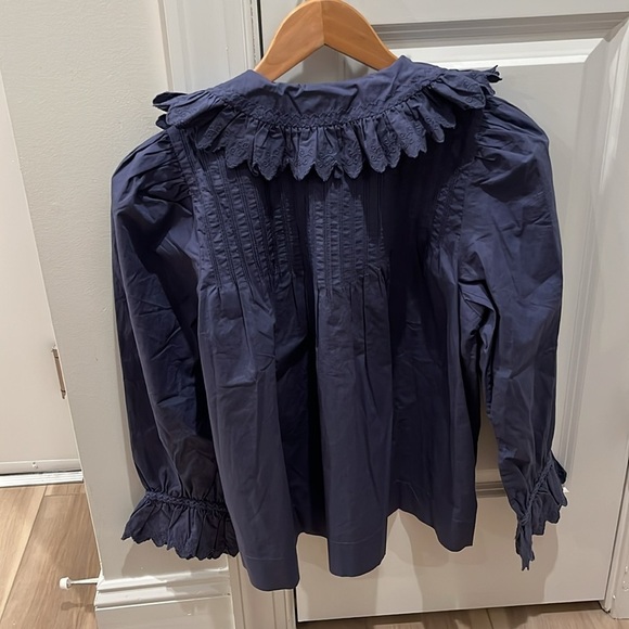 NWT Doen Blue Ruffle Collar Hickory Long Sleeve Blouse Top Atlantic Blue - Picture 3 of 9